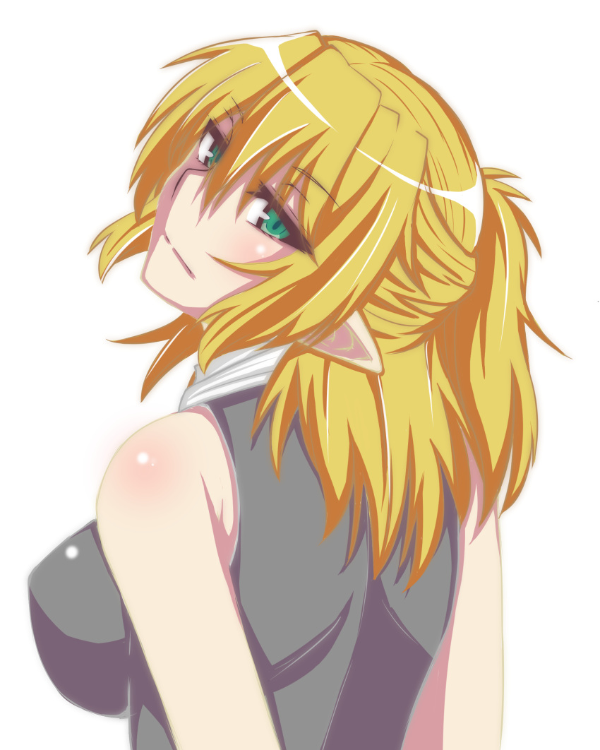 1girl absurdres bangs black_shirt blonde_hair blush breasts closed_mouth commentary_request expressionless eyebrows_visible_through_hair green_eyes hair_between_eyes half_updo highres large_breasts looking_at_viewer looking_down medium_hair mizuhashi_parsee pointy_ears scarf shaft_look shirt simple_background sleeveless sleeveless_shirt solo suirennka_(scar_of_mind) touhou upper_body white_background white_scarf