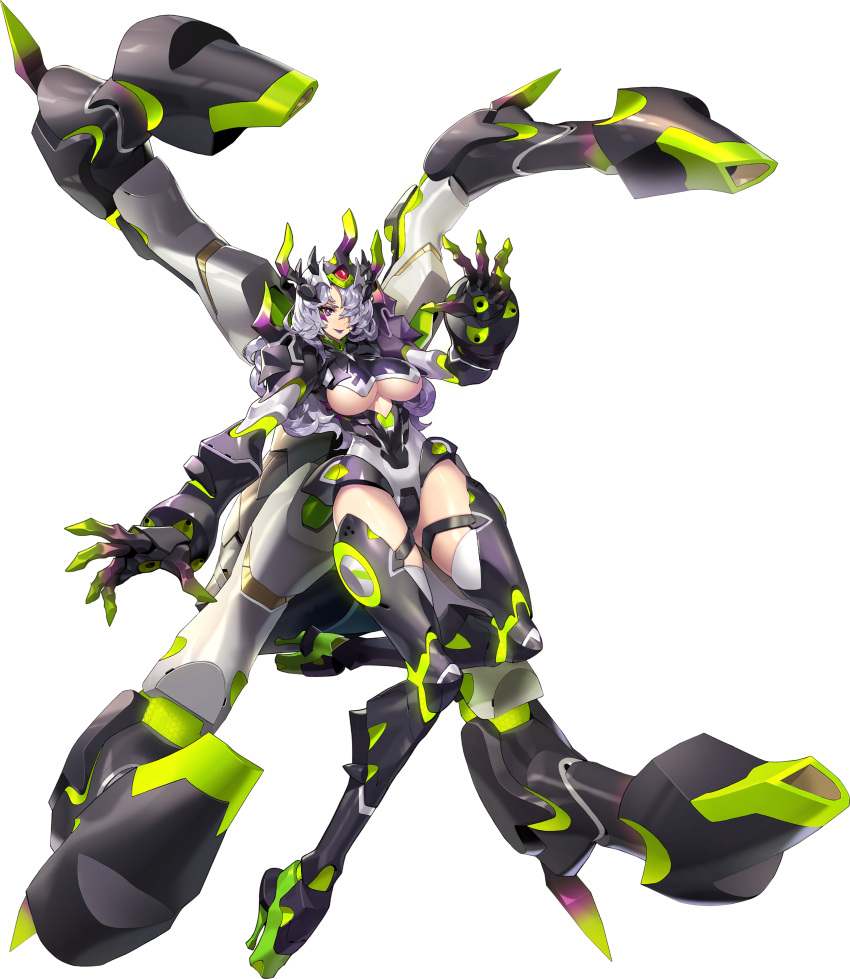 1girl absurdres arachne_(last_origin) boots breasts cleavage_cutout clothing_cutout full_body hair_over_one_eye highres large_breasts last_origin lipstick long_hair looking_at_viewer makeup mar10 mechanical_arms official_art open_mouth silver_hair solo tachi-e thigh-highs thigh_boots transparent_background under_boob violet_eyes