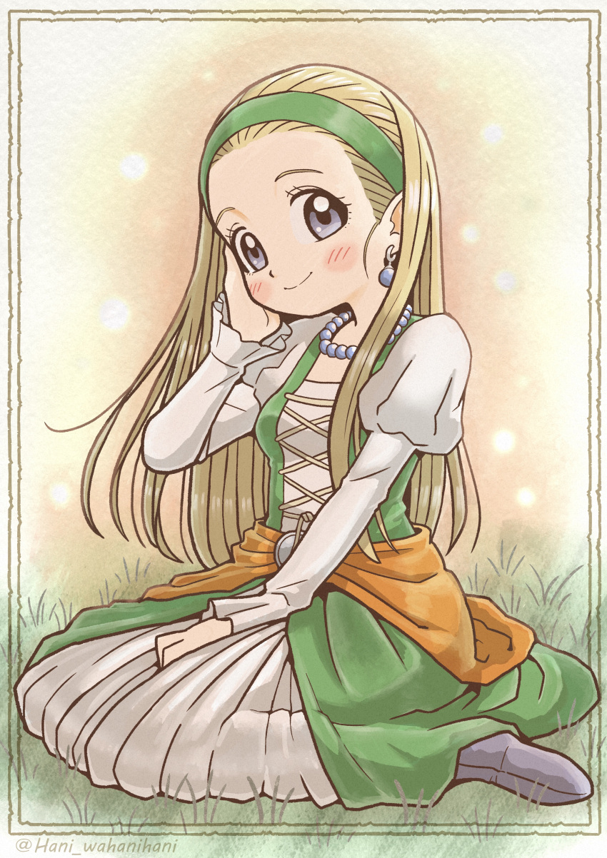 1girl absurdres bead_necklace beads blonde_hair blue_eyes breasts dragon_quest dragon_quest_xi dress earrings forehead full_body grass green_hairband hair_pulled_back hairband hand_on_own_cheek hand_on_own_face hani_wahanihani highres jewelry juliet_sleeves long_sleeves necklace puffy_sleeves senya_(dq11) sitting small_breasts smile solo twitter_username wariza white_dress