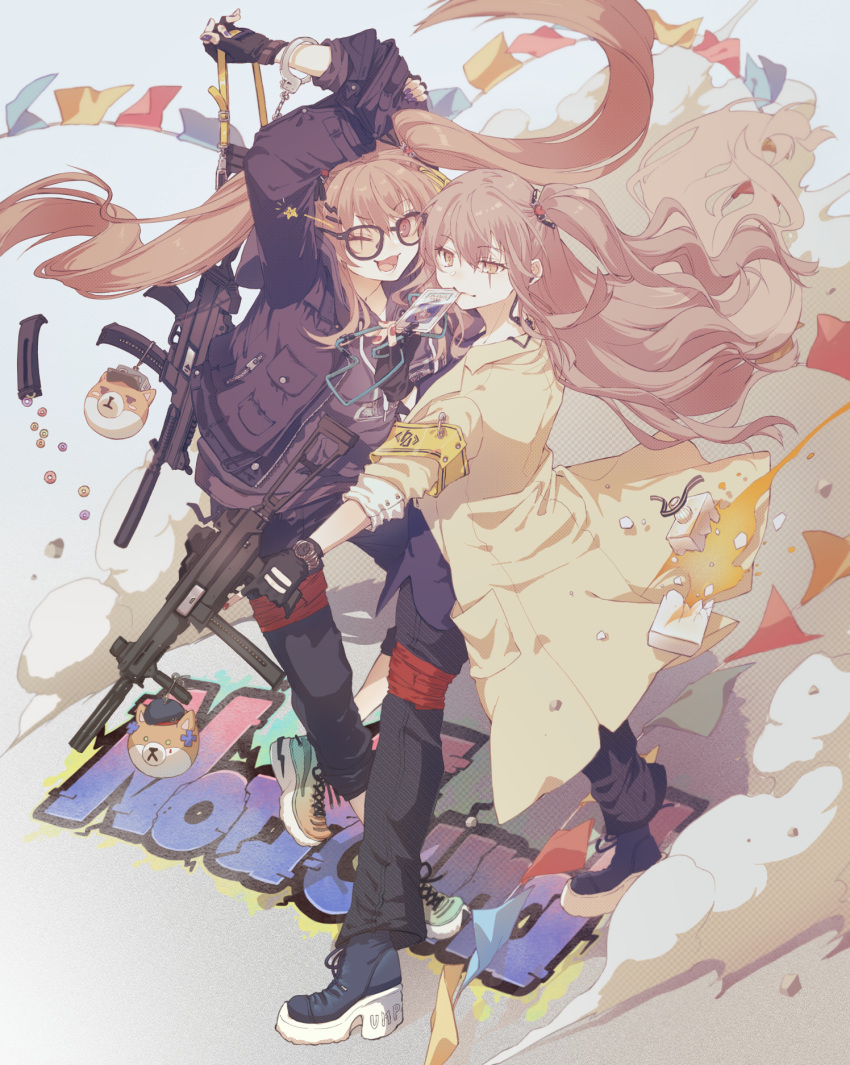 2girls 404_(girls'_frontline) alternate_costume bangs black_gloves black_jacket black_pants black_shirt blue_footwear blush boots casual closed_mouth commentary cuffs earpiece eyebrows_visible_through_hair fingerless_gloves full_body girls_frontline glasses gloves graffiti gun h&amp;k_ump h&amp;k_ump45 h&amp;k_ump9 hair_ornament hairclip handcuffs highres holding holding_gun holding_weapon id_card jacket light_brown_eyes light_brown_hair long_hair looking_at_viewer looking_away magazine_(weapon) mouth_hold multicolored_footwear multiple_girls nail_polish one_eye_closed open_clothes open_jacket open_mouth pants purple_nails rabb_horn red_nails scar scar_across_eye shirt shoes side_ponytail simple_background smile sneakers standing submachine_gun twintails ump45_(girls'_frontline) ump9_(girls'_frontline) watch weapon yellow_jacket