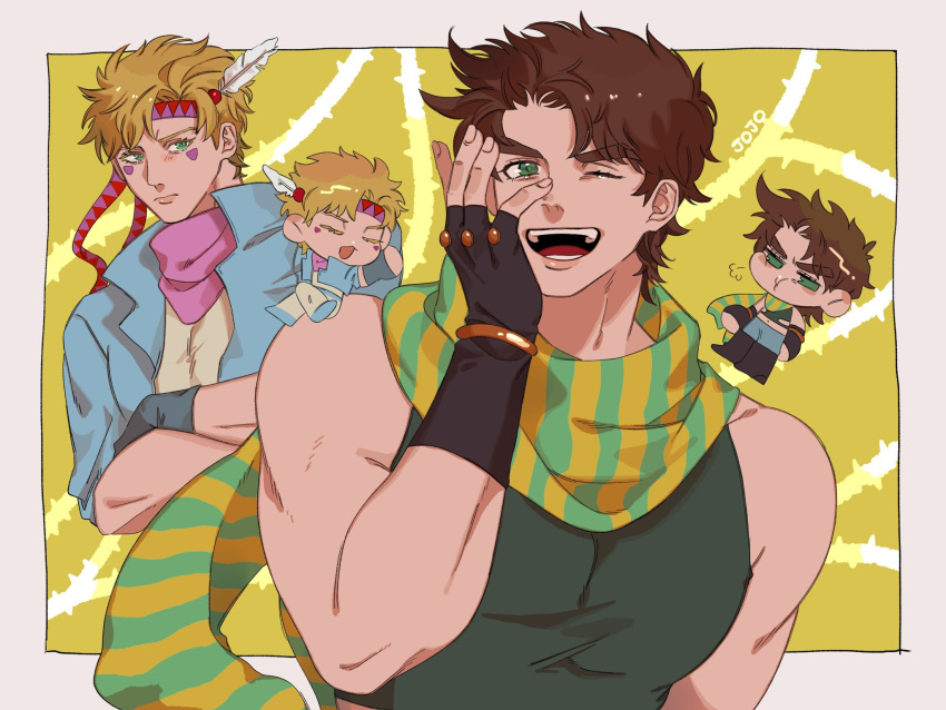 2boys 4boys :d b01222 bare_shoulders battle_tendency blonde_hair blue_jacket brown_hair caesar_anthonio_zeppeli chibi crossed_arms dual_persona facial_mark feather_hair_ornament feathers fingerless_gloves gloves green_eyes green_scarf hair_ornament hand_to_own_face headband hermit_purple highres jacket jojo_no_kimyou_na_bouken joseph_joestar joseph_joestar_(young) male_focus multicolored_clothes multicolored_scarf multiple_boys one_eye_closed pink_scarf plant pout scarf smile stand_(jojo) striped striped_scarf thorns triangle_print vertical-striped_scarf vertical_stripes vines yellow_scarf