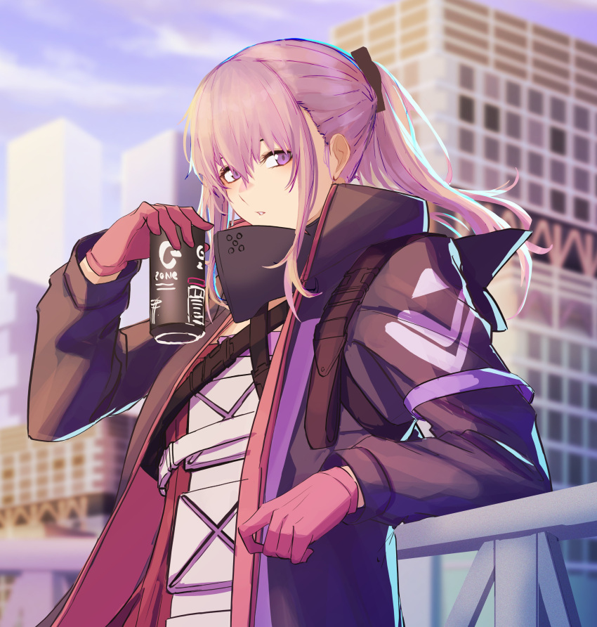 1girl 3_small_spiders absurdres bangs blue_sky breasts commentary dress eyebrows_visible_through_hair girls_frontline gloves highres holding holding_jar house jacket jar light_purple_eyes long_hair looking_at_viewer open_clothes open_jacket open_mouth parted_lips pink_gloves pink_hair ponytail purple_jacket scenery simple_background sky small_breasts solo st_ar-15_(girls'_frontline) upper_body white_dress