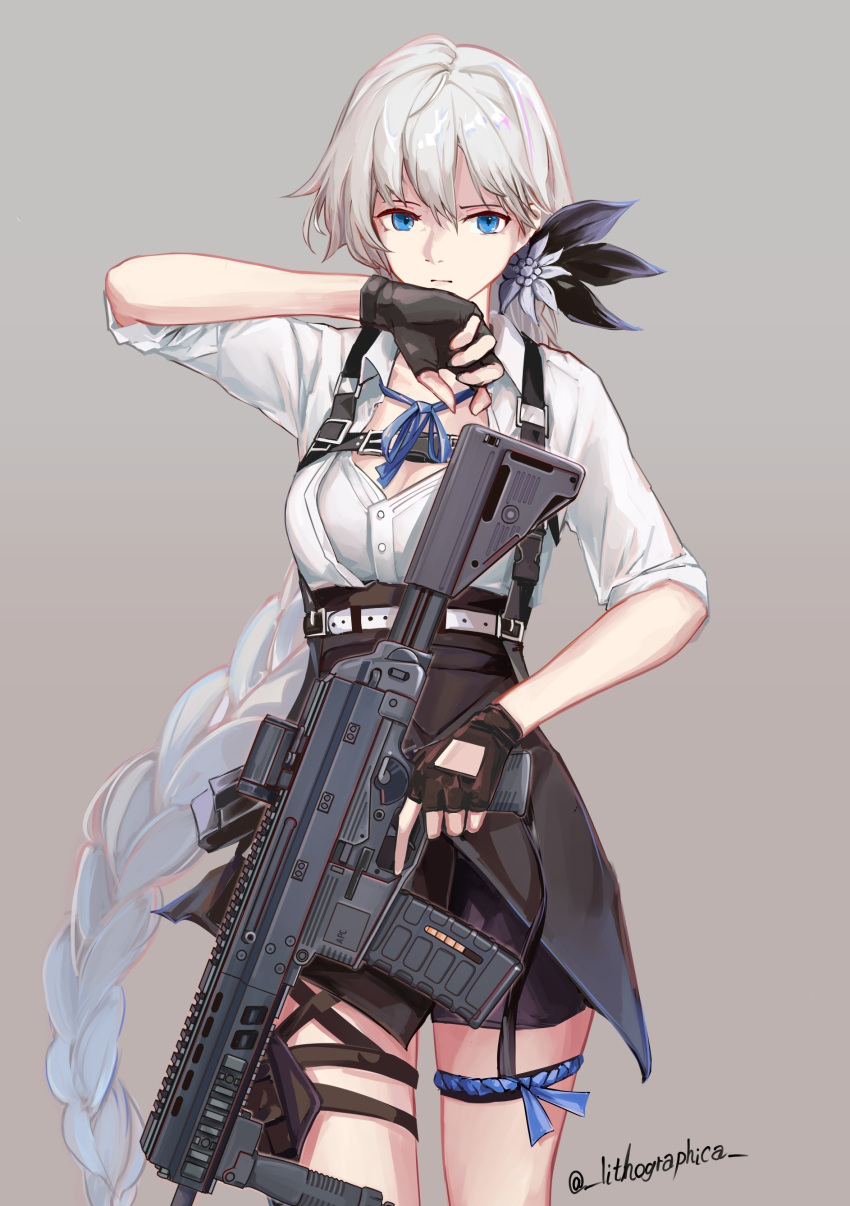 1girl absurdres apc556_(girls'_frontline) b&amp;t_apc556 bangs black_gloves black_shorts black_skirt blonde_hair blue_eyes braid braided_ponytail breasts closed_mouth eyebrows_visible_through_hair feet_out_of_frame fingerless_gloves flower girls_frontline gloves grey_background gun hair_flower hair_ornament harness highres holding holding_gun holding_weapon lithographica long_hair looking_at_viewer shirt shorts skirt solo standing suspender_skirt suspenders twitter_username very_long_hair weapon white_shirt