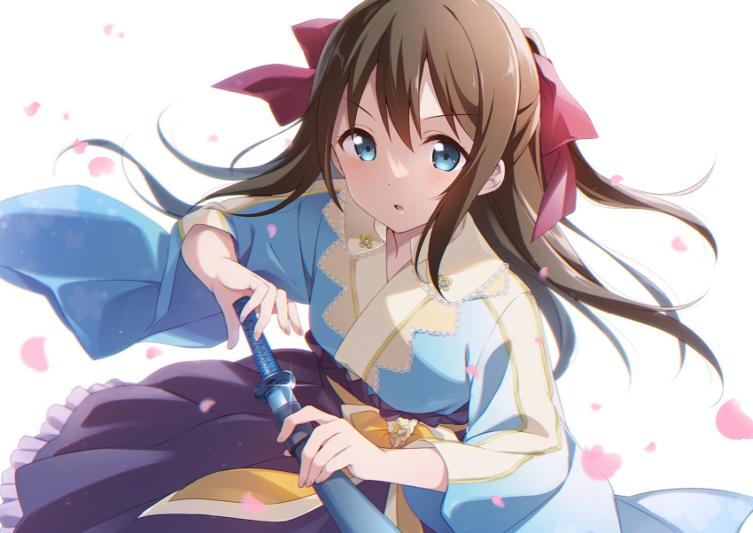 1girl bangs blue_eyes brown_hair clothing_request commentary_request eyebrows_visible_through_hair hair_ribbon hazuki_(sutasuta) highres holding holding_sword holding_weapon japanese_clothes katana long_hair looking_at_viewer love_live! ousaka_shizuku parted_lips petals red_ribbon ribbon serious sheath sidelocks simple_background solo sword unsheathing upper_body weapon white_background