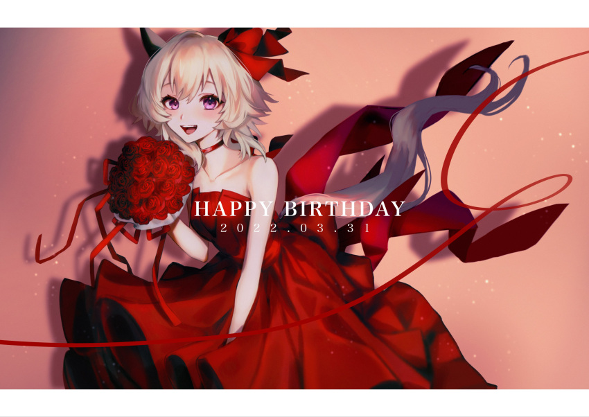 1girl absurdres animal_ears bangs bare_shoulders bouquet choker collarbone curren_chan_(umamusume) dated dress flower grey_hair happy_birthday highres horse_ears horse_girl horse_tail letterboxed medium_hair open_mouth pink_eyes red_dress rose short_hair smile solo strapless strapless_dress tail umamusume wa.
