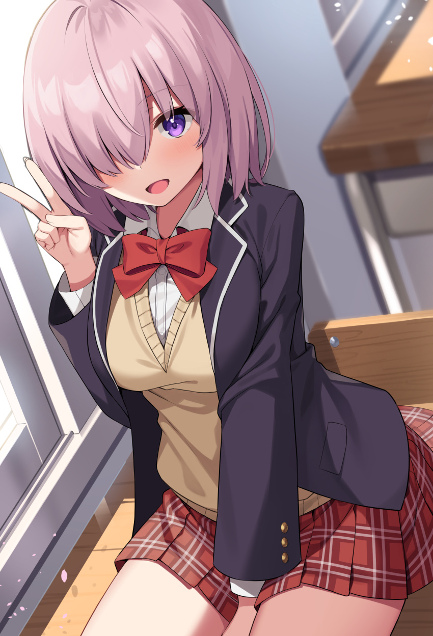 1girl bangs blush breasts fate/grand_order fate_(series) hair_over_one_eye highres large_breasts light_purple_hair long_sleeves looking_at_viewer mash_kyrielight open_mouth short_hair skirt smile solo suiroh_(shideoukami) violet_eyes