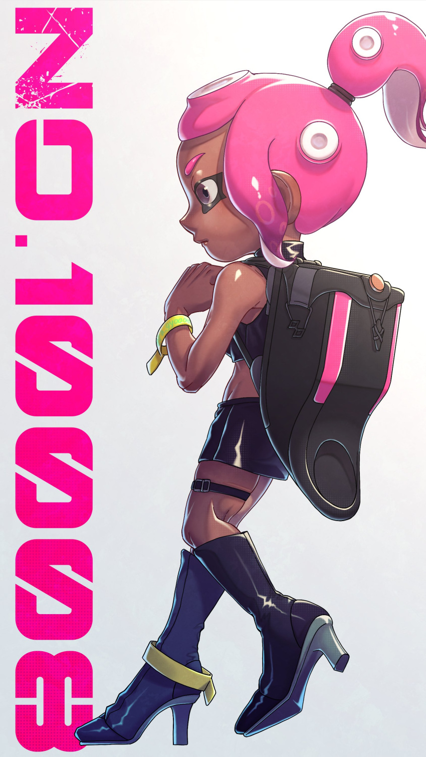 &gt;:( 1girl absurdres agent_8_(splatoon) armband backpack bag black_footwear black_shirt boots brown_eyes buckle crop_top dark-skinned_female dark_skin english_text from_side frown full_body hair_tie high_heel_boots high_heels high_ponytail highres knee_boots leather leather_boots leather_shirt leather_skirt miniskirt octoling pink_hair ponytail ra_gyoooo shirt short_ponytail sidelocks simple_background skirt splatoon_(series) splatoon_2 splatoon_2:_octo_expansion stiletto_heels suction_cups tentacle_hair thigh_strap v-shaped_eyebrows walking white_background zipper