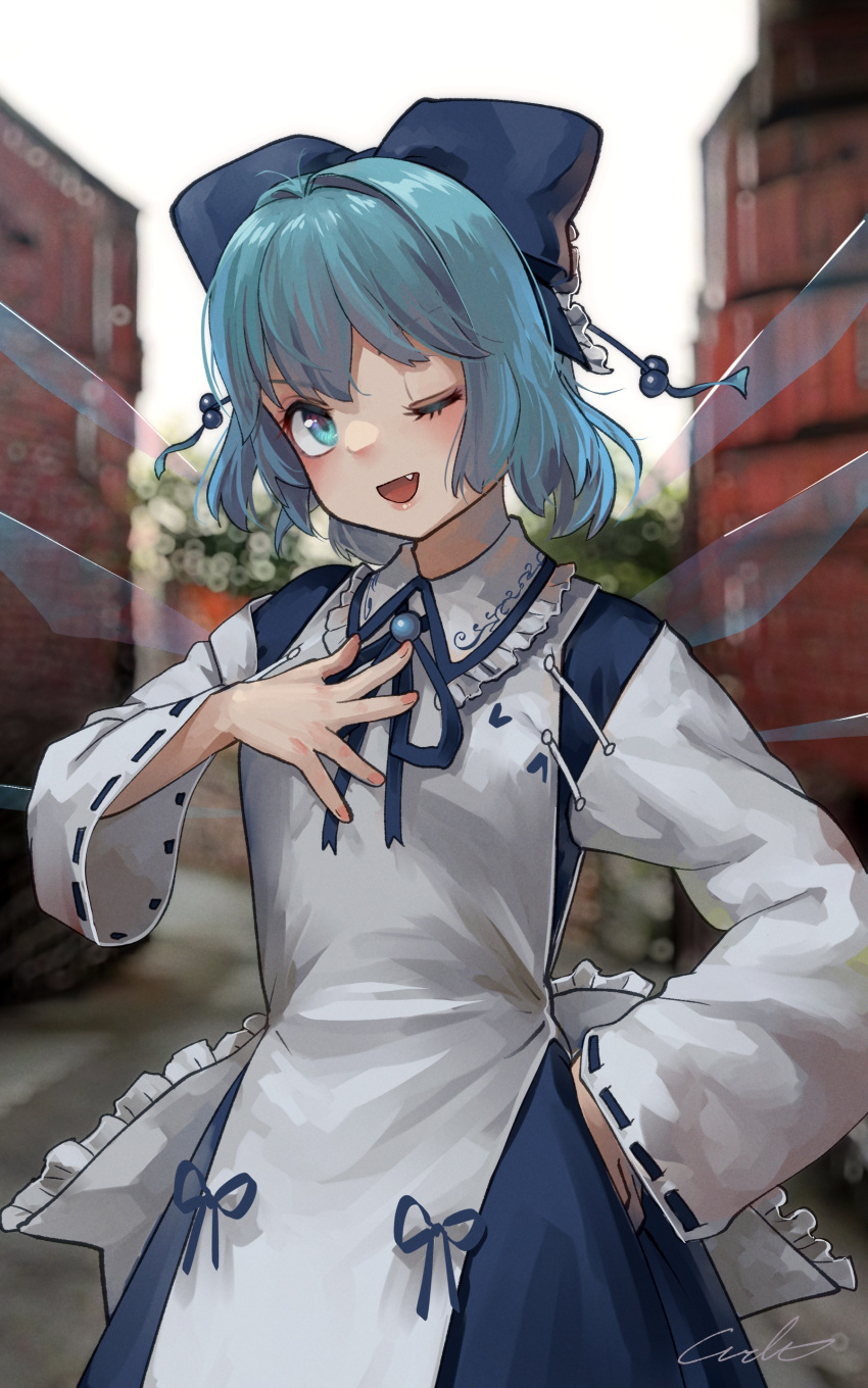 1girl absurdres blue_bow blue_eyes blue_hair blush bow cirno cosplay fairy fairy_wings fang hair_bow highres long_sleeves one_eye_closed open_mouth satsuki_rin satsuki_rin_(cosplay) short_hair signature smile solo touhou upper_body welt_(kinsei_koutenkyoku) wings