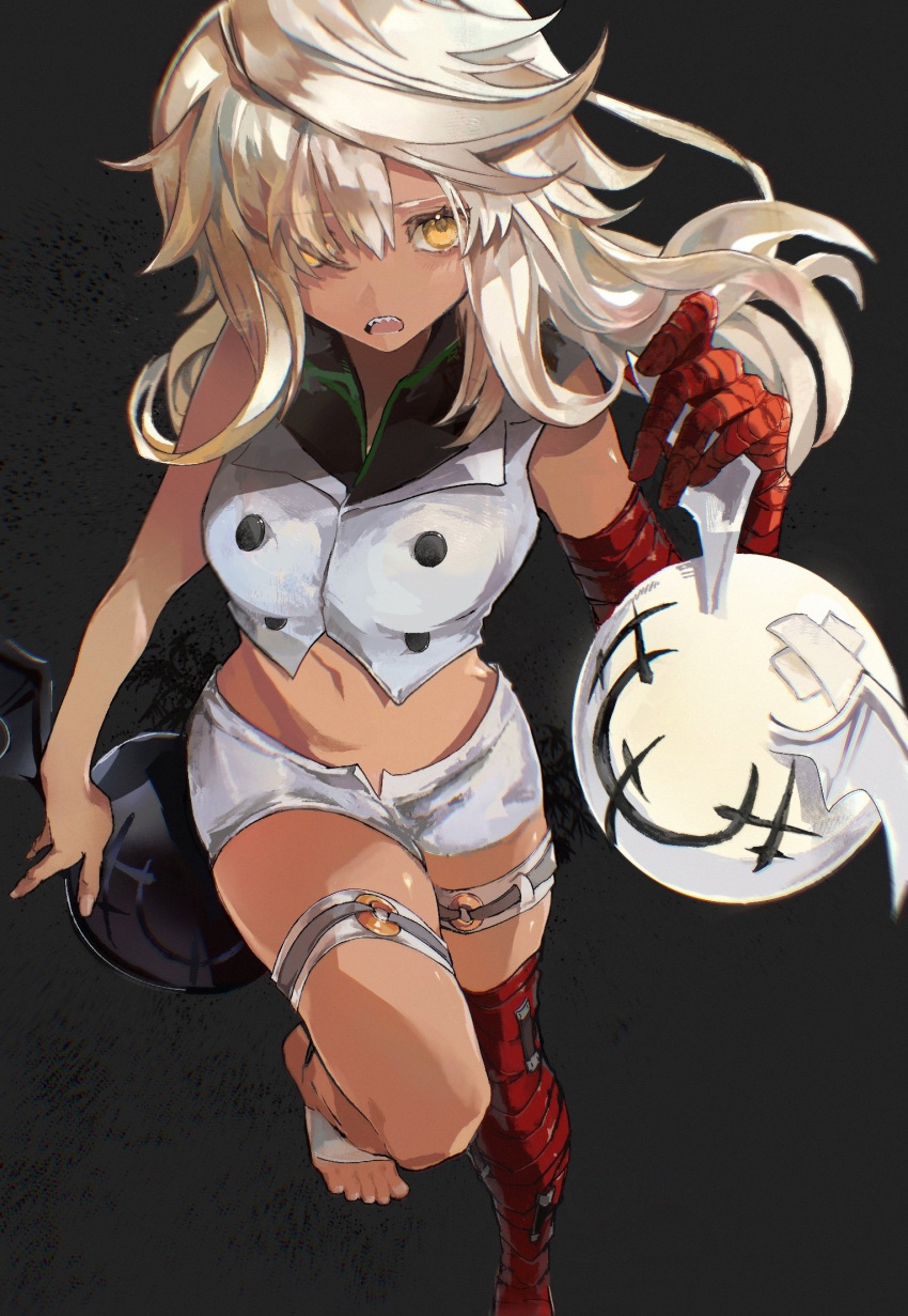 1girl bandages black_background crop_top dark-skinned_female dark_skin found_modori guilty_gear guilty_gear_strive hair_over_one_eye highres long_hair midriff navel open_mouth platinum_blonde_hair ramlethal_valentine running sharp_teeth short_shorts shorts simple_background solo stomach teeth thigh_strap thighs yellow_eyes