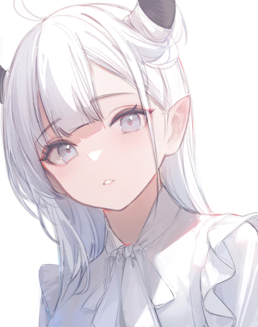 1girl ahoge blue_eyes demon_girl demon_horns highres horns long_hair looking_at_viewer nekojira original parted_lips pointy_ears revision shirt sidelocks simple_background solo symbol-only_commentary thea_(nekojira) upper_body white_background white_hair white_shirt