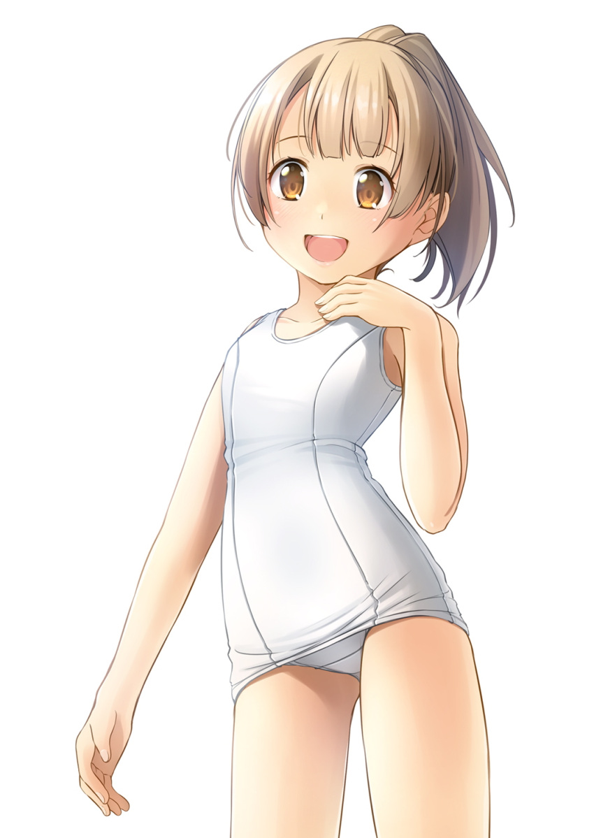 1girl brown_eyes brown_hair cowboy_shot flat_chest highres old_school_swimsuit open_mouth original ponytail round_teeth school_swimsuit shibacha short_hair simple_background smile solo standing swimsuit teeth thighs upper_teeth white_background white_swimsuit