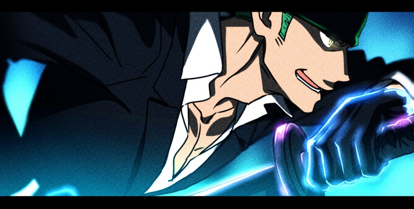1boy black_suit collared_shirt eye_trail fighting_stance formal from_side green_hair holding holding_sword holding_weapon long_sideburns looking_to_the_side male_focus official_alternate_costume one_piece partially_unbuttoned pectoral_cleavage pectorals roronoa_zoro shirt short_hair sideburns solo suit sword taro_(honyarara00) undershirt weapon