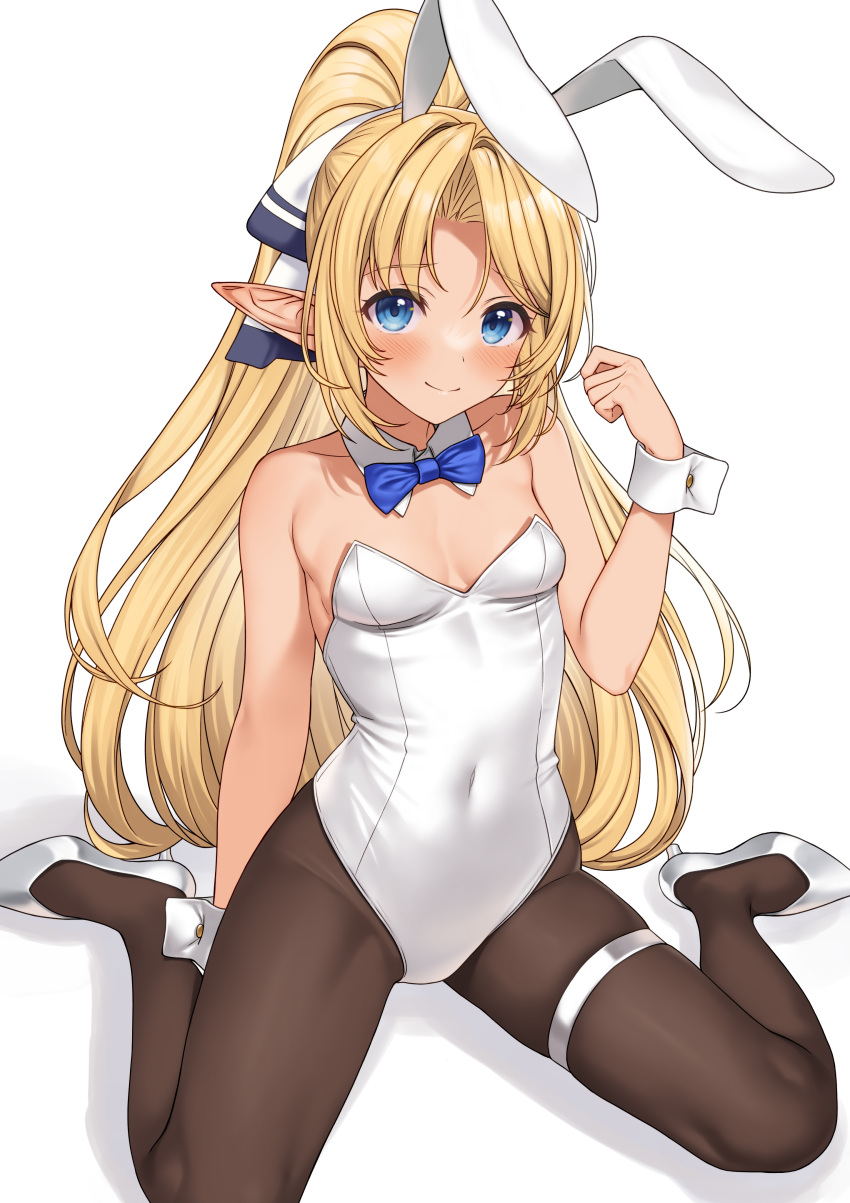1girl absurdres animal_ears bangs bare_shoulders black_legwear blonde_hair blue_bow blue_bowtie blush bow bowtie breasts covered_navel detached_collar elf enjo_kouhai fake_animal_ears hair_ribbon high_heels highres iris_(takunomi) leotard long_hair looking_at_viewer pantyhose parted_bangs playboy_bunny pointy_ears rabbit_ears ribbon shoes simple_background sitting small_breasts smile solo takunomi thigh_strap very_long_hair wariza white_background white_footwear white_leotard wrist_cuffs