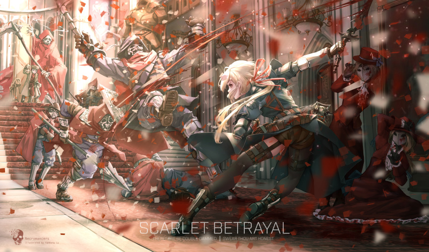 1girl 6+others absurdres armor armored_boots black_gloves blonde_hair blood blood_splatter boots cape closed_mouth dark_souls_(series) dark_souls_i dress fighting full_body gauntlets gloves guro highres holding holding_polearm holding_scythe holding_sword holding_weapon indoors knight long_sleeves lu_(pixiv20967832) mask multiple_others original pauldrons petals polearm ponytail red_cape red_dress red_headwear scythe shoulder_armor standing sword weapon yellow_eyes