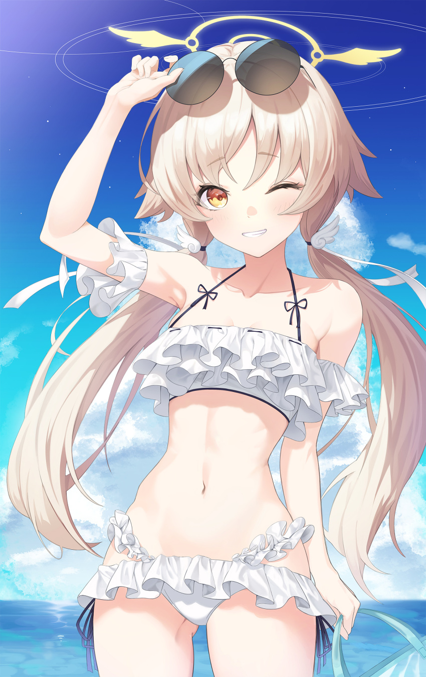 1girl absurdres ass_visible_through_thighs bag bangs bare_shoulders bikini bikini_skirt blue_archive blue_sky brown_eyes clouds collarbone commentary day eyebrows_visible_through_hair eyewear_on_head flat_chest frilled_bikini frills grin halo hand_on_eyewear hifumi_(blue_archive) highres holding holding_bag horizon ju-ok light_brown_hair long_hair looking_at_viewer navel ocean one_eye_closed outdoors sky smile solo standing stomach sunglasses swimsuit teeth twintails white_bikini