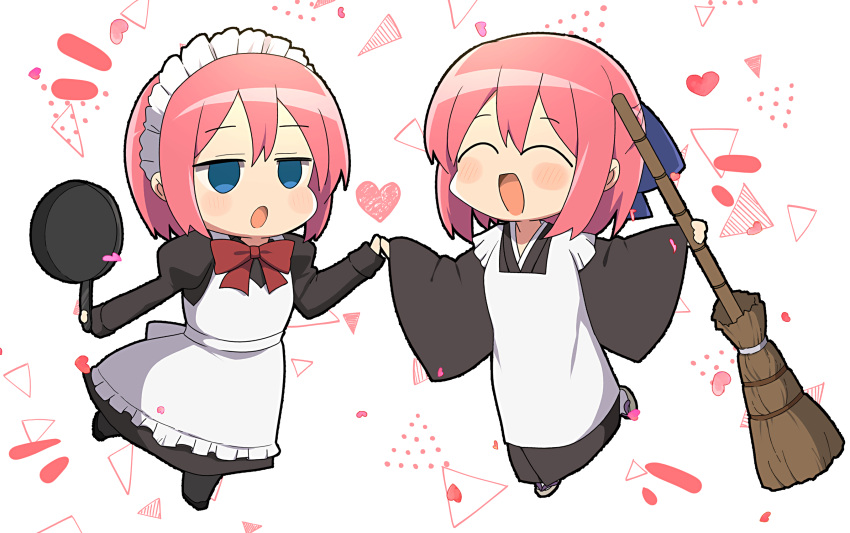 2girls :d ^_^ bangs blue_eyes bow bowtie broom closed_eyes eyebrows_visible_through_hair frying_pan full_body half-closed_eyes heart highres hisui_(tsukihime) holding holding_broom holding_frying_pan itsuka_neru kohaku_(tsukihime) maid maid_headdress multiple_girls open_mouth pink_hair red_bow red_bowtie short_hair siblings sisters smile tsukihime white_background