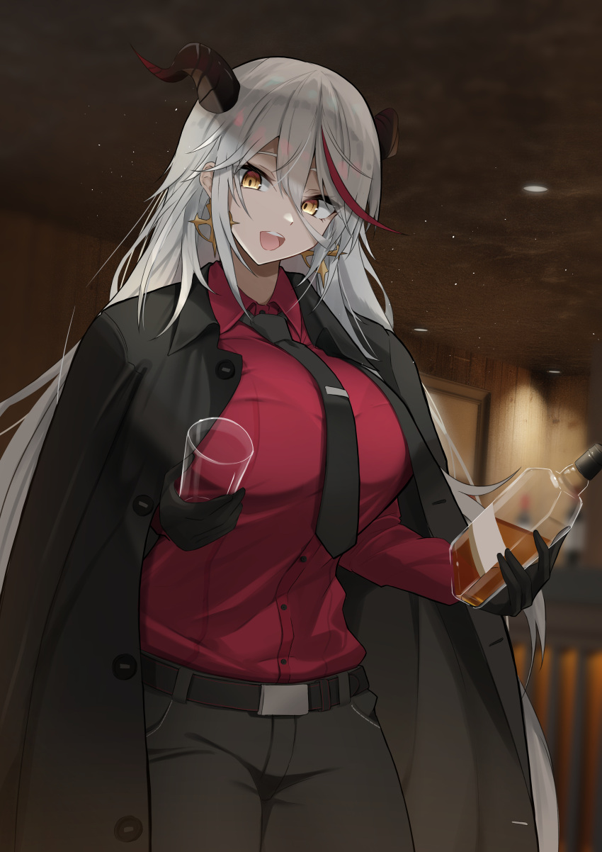 1girl absurdres aegir_(azur_lane) alcohol azur_lane bangs belt belt_buckle black_coat black_gloves bottle breasts buckle buttons coat coat_on_shoulders collared_shirt cup ear_piercing earrings glass gloves hair_between_eyes highres holding holding_bottle holding_cup horns interior j_yak47 jewelry large_breasts long_hair looking_at_viewer multicolored_hair necktie open_mouth pants piercing red_shirt shirt shirt_tucked_in solo streaked_hair upper_body whiskey white_hair yellow_eyes