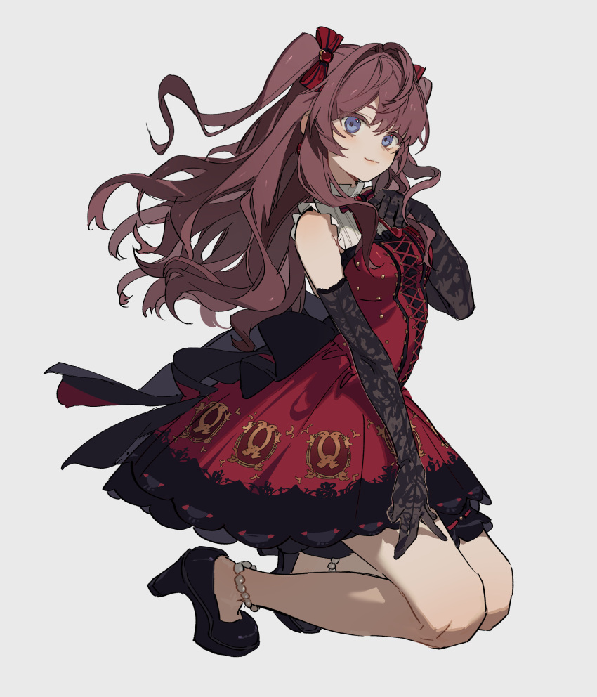 1girl :3 absurdres anklet back_bow black_footwear blue_eyes blush bow bowtie brown_hair cross-laced_clothes dress earrings elbow_gloves full_body gloves grey_background hair_bow high_heels highres ichinose_shiki idolmaster idolmaster_cinderella_girls idolmaster_cinderella_girls_starlight_stage jewelry kneeling lace lace_gloves long_hair looking_at_viewer pearl_anklet red_dress simple_background sleeveless sleeveless_dress smile solo striped striped_bow striped_bowtie two_side_up wavy_hair zhibuji_loom