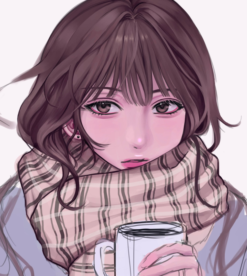 1girl beige_scarf blue_jacket brown_eyes brown_hair brown_scarf coffee cup earrings eyebrows_visible_through_hair grey_background highres holding holding_cup jacket jewelry korean_commentary mug open_mouth original portrait scarf siri_(siri2064) sketch solo striped striped_scarf