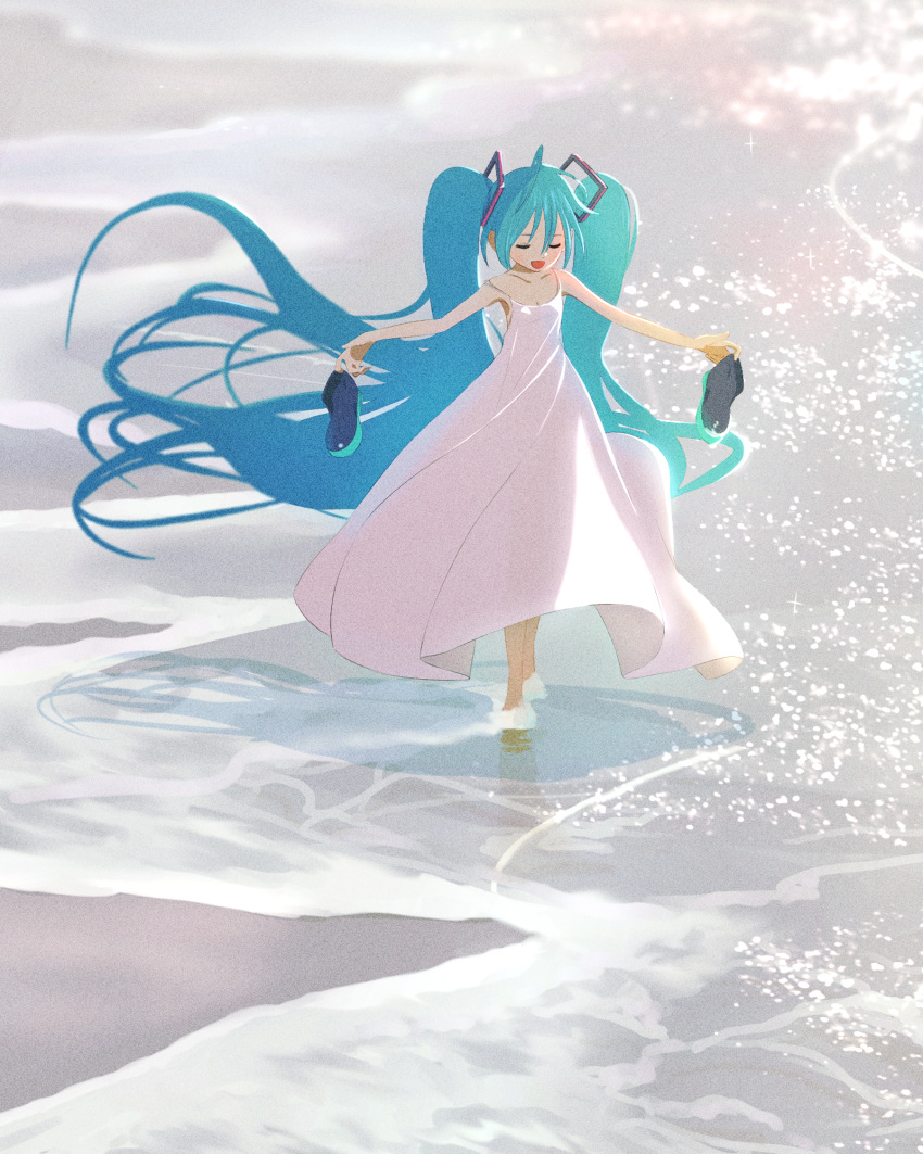 1girl aqua_hair barefoot beach closed_eyes day dress hatsune_miku highres holding holding_shoes long_hair ocean open_mouth outdoors sand shoes shore solo twintails very_long_hair vocaloid water white_dress yuki_yukki12