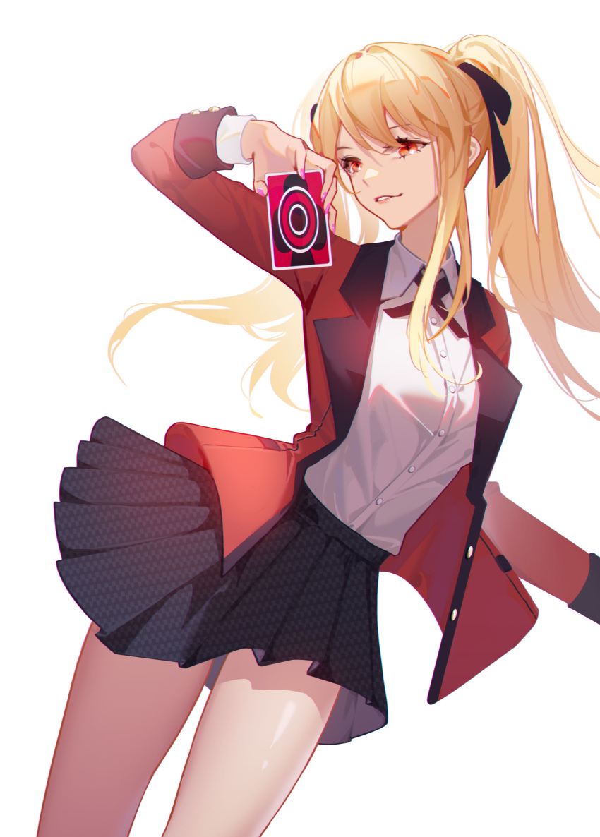 1girl absurdres bangs black_skirt blonde_hair breasts card card_game eyebrows_visible_through_hair feet_out_of_frame hair_ribbon highres holding holding_card j_fang jacket kakegurui leaning_to_the_side long_hair looking_at_viewer open_clothes open_jacket open_mouth parted_lips red_eyes red_jacket ribbon saotome_meari shirt skirt smile solo standing twintails white_background white_shirt