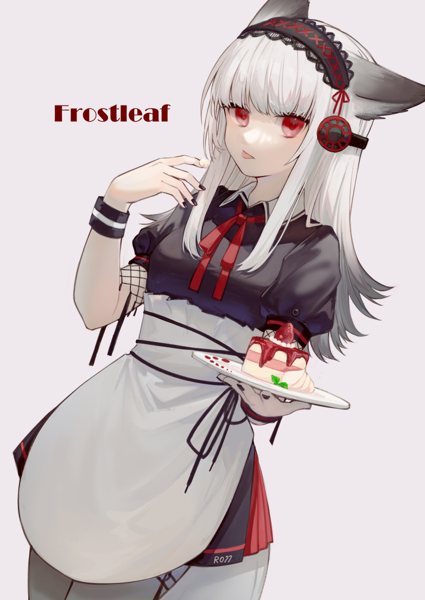 1girl absurdres animal_ears apron arknights bangs black_dress black_legwear black_nails character_name collared_dress commentary_request cowboy_shot dessert dress dutch_angle eating food fox_ears frostleaf_(arknights) fruit headphones highres holding holding_plate long_hair looking_at_viewer maid_apron maid_headdress miike_(992058) mint neck_ribbon pink_background plate puffy_short_sleeves puffy_sleeves red_eyes red_ribbon ribbon short_sleeves sidelocks simple_background solo strawberry strawberry_shortcake tongue tongue_out upper_body waist_apron whipped_cream white_hair