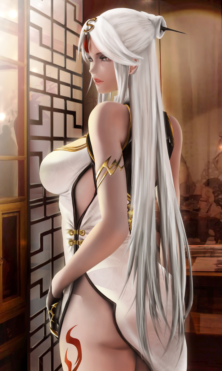 1girl absurdres armlet ass bangs bare_shoulders black_gloves breasts china_dress chinese_clothes claw_ring cowboy_shot dress from_behind genshin_impact gloves hair_ornament hair_stick hair_tassel highres indoors large_breasts long_hair looking_back ningguang_(genshin_impact) no_panties parted_bangs parted_lips red_eyes solo white_hair yoellim5