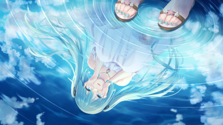 1girl absurdres blue_eyes blue_hair blue_nails blue_sky brown_footwear clouds commentary_request crying crying_with_eyes_open day dress flower hands_on_own_face hands_up hatsune_miku highres long_hair nagare_yoshimi nail_polish outdoors parted_lips pink_flower puddle reflection ripples sandals sky solo squatting tears toenail_polish toenails twintails very_long_hair vocaloid water white_dress white_flower