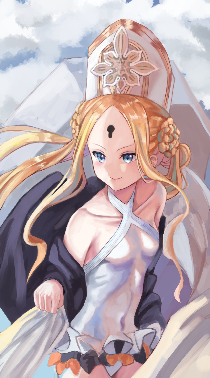 1girl abi_(user_nzav7333) abigail_williams_(fate) abigail_williams_(swimsuit_foreigner)_(fate) absurdres bangs blonde_hair blue_eyes breasts casual_one-piece_swimsuit closed_mouth collarbone covered_navel criss-cross_halter fate/grand_order fate_(series) floating_hair halterneck highres long_hair one-piece_swimsuit parted_bangs shiny shiny_hair small_breasts smile solo swimsuit tied_hair very_long_hair white_swimsuit