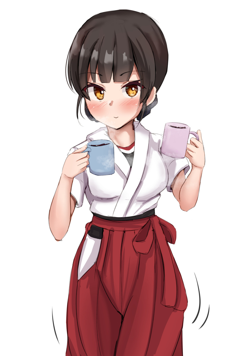 1girl absurdres bangs black_hair blunt_bangs braid breasts brown_eyes coffee_mug cup double_bun hakama highres hip_vent holding holding_cup japanese_clothes kantai_collection mug red_hakama sakura_ab simple_background small_breasts smile solo twin_braids white_background yawata_maru_(kancolle)