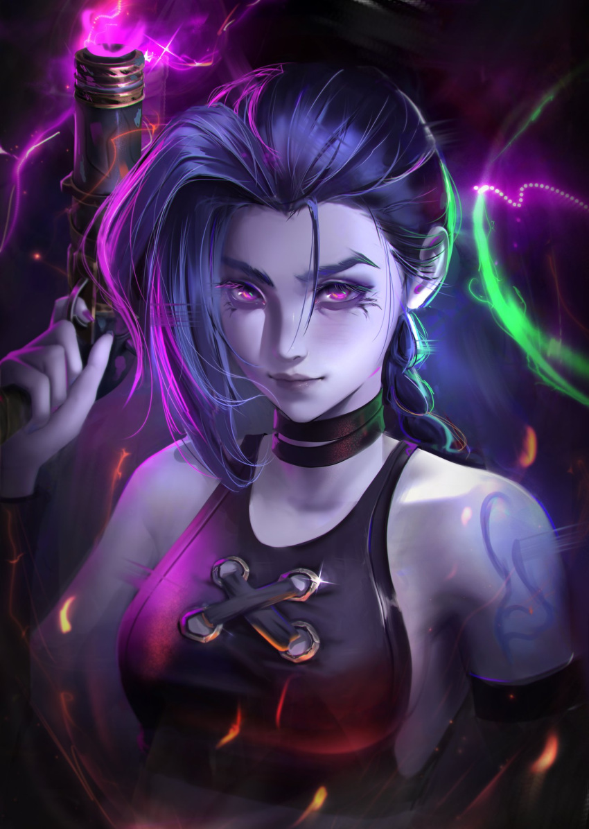 1girl arcane:_league_of_legends arcane_jinx asymmetrical_bangs bangs bare_shoulders black_choker blue_hair braid brown_shirt choker closed_mouth collarbone crop_top gun hand_up highres jinx_(league_of_legends) league_of_legends long_hair looking_at_viewer mattikarp pink_background pink_eyes pink_hair shiny shiny_hair shiny_skin shirt smile solo weapon