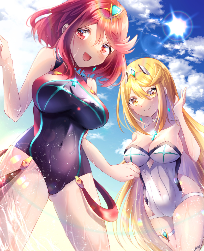 2girls absurdres amanoru_mozuku bangs black_swimsuit blonde_hair breasts chest_jewel competition_swimsuit gem headpiece highres large_breasts long_hair multiple_girls mythra_(radiant_beach)_(xenoblade) mythra_(xenoblade) one-piece_swimsuit pyra_(pro_swimmer)_(xenoblade) pyra_(xenoblade) red_eyes red_swimsuit redhead ribbed_swimsuit short_hair strapless strapless_swimsuit striped striped_swimsuit swept_bangs swimsuit tiara two-tone_swimsuit vertical-striped_swimsuit vertical_stripes very_long_hair white_swimsuit xenoblade_chronicles_(series) xenoblade_chronicles_2 yellow_eyes