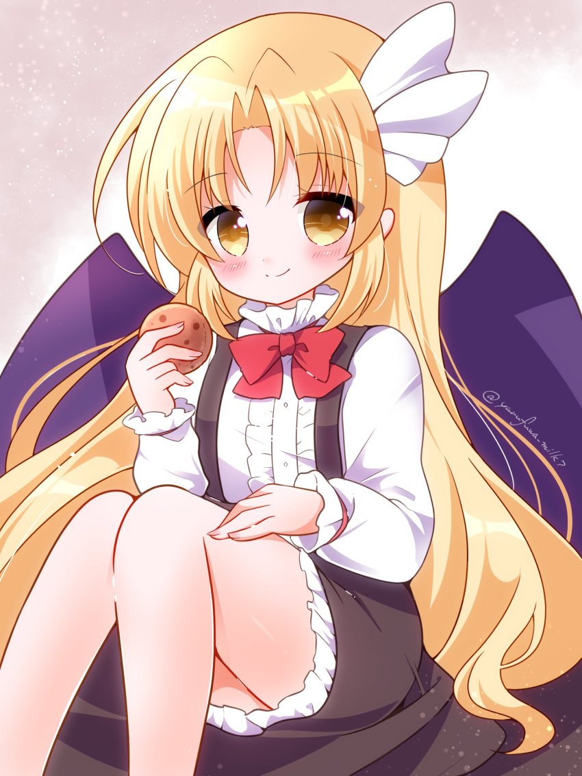 1girl bangs bat_wings blonde_hair blush bow bowtie brown_skirt chocolate_chip_cookie closed_mouth commentary_request cookie food frilled_skirt frills hair_ribbon happy highres kurumi_(touhou) legs long_hair long_sleeves looking_at_viewer purple_wings red_bow red_bowtie ribbon shirt sitting skirt smile suspender_skirt suspenders touhou touhou_(pc-98) very_long_hair white_ribbon white_shirt wings yellow_eyes yurufuwa_milk