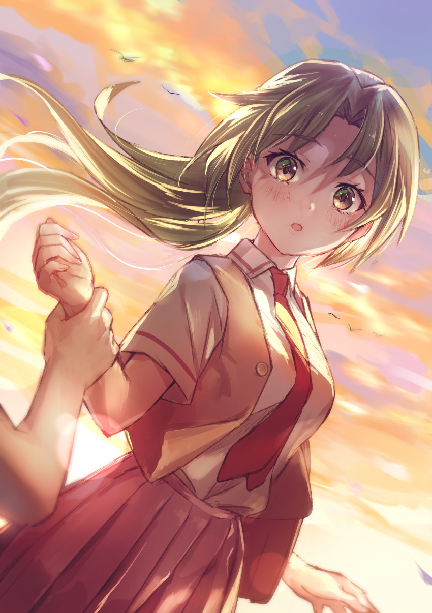 1girl absurdres blush brown_eyes collared_shirt eyebrows_visible_through_hair floating_hair green_hair hair_intakes highres higurashi_no_naku_koro_ni holding_another's_wrist lens_flare long_hair looking_at_viewer necktie nyan5000 open_clothes open_mouth open_vest pink_skirt pleated_skirt red_necktie school_uniform shirt short_sleeves sketch skirt solo_focus sonozaki_mion very_long_hair vest white_shirt wing_collar yellow_vest