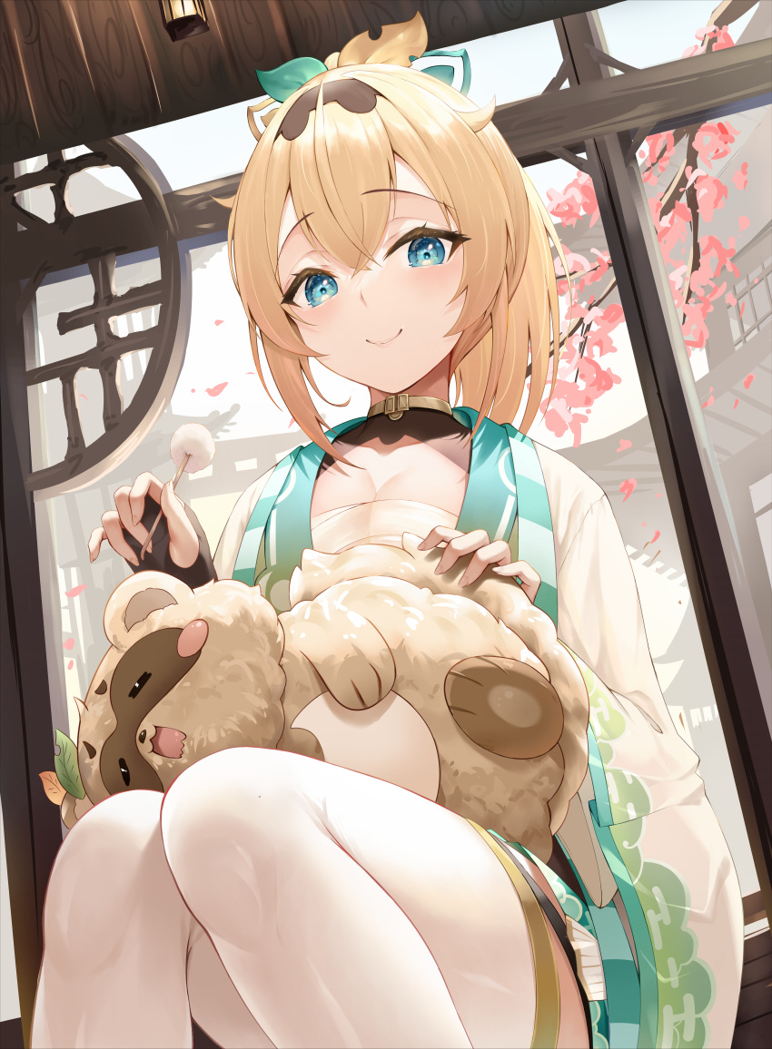 1girl absurdres animal_on_lap architecture bangs black_gloves blonde_hair blue_eyes closed_mouth ear_cleaning east_asian_architecture eyebrows_visible_through_hair feet_out_of_frame fingerless_gloves gloves hair_between_eyes hair_ribbon haori highres holding hololive japanese_clothes kazama_iroha looking_at_viewer mimikaki pokobee ribbon roina_(effj7473) sitting smile solo thigh-highs virtual_youtuber white_legwear