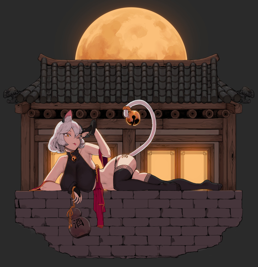 1girl absurdres animal_ears architecture bell black_gloves black_legwear breast_rest breasts brick_wall bridal_gauntlets cat_ears cat_tail chinese_clothes collar crop_top deliciousmeatart detached_sleeves dudou east_asian_architecture fishnet_legwear fishnets full_body full_moon gloves gourd grey_background grey_hair highres huge_breasts jingle_bell leg_tattoo lying moon narrow_waist navel neck_bell no_shoes on_side on_wall original paw_pose sash solo tail tail_bell tail_ornament tattoo thigh-highs thighhighs_under_thighhighs under_boob