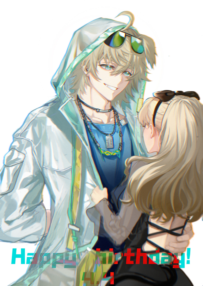 1boy 1girl :d absurdres ahoge animal_ears arknights arm_around_waist arm_behind_back backless_dress backless_outfit black_bow black_dress blonde_hair blue_eyes blue_shirt bow character_request collarbone collared_shirt cowboy_shot dated diao_bu_landuo dog_ears dress eyewear_on_head green-framed_eyewear grin hair_bow happy_birthday height_difference highres hood hood_up jacket jewelry long_hair long_sleeves looking_at_another necklace open_clothes open_jacket original parted_lips ponytail see-through shirt short_hair simple_background smile sunglasses tail tequila_(arknights) white_background white_jacket