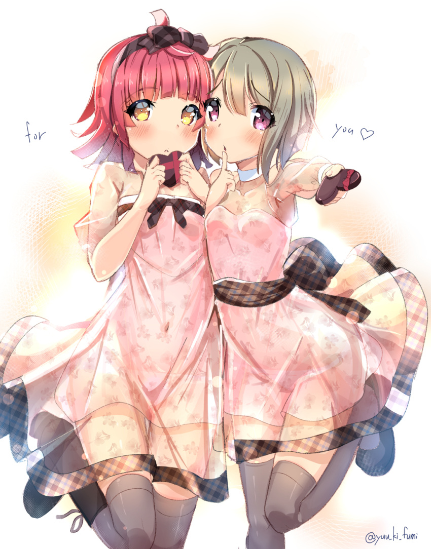 2girls :&lt; ahoge back_bow bangs black_footwear black_legwear blush boots bow breasts brown_ribbon candy checkered chestnut_mouth chocolate choker commentary_request dress english_text eyebrows_visible_through_hair finger_to_mouth food hair_bow hairband hands_up heart heart-shaped_chocolate highres holding holding_chocolate holding_food index_finger_raised leg_up light_brown_hair looking_at_viewer love_live! love_live!_nijigasaki_high_school_idol_club multiple_girls nakasu_kasumi navel panties pink_dress pink_eyes pink_hair pink_panties ribbon see-through see-through_dress see-through_sleeves shoes short_hair simple_background small_breasts tennouji_rina thigh-highs thighs underwear valentine yellow_eyes yuuki_fumi_(kueg7288)