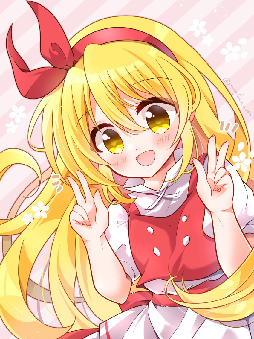 1girl apron bangs blonde_hair blush bow buttons commentary_request double_v ellen_(touhou) eyebrows_visible_through_hair gesture hair_bow hairband happy head_tilt highres long_hair looking_at_viewer open_mouth puffy_short_sleeves puffy_sleeves red_bow red_hairband red_skirt red_vest shirt short_sleeves skirt touhou touhou_(pc-98) turtleneck upper_body v very_long_hair vest waist_apron white_apron white_shirt yellow_eyes yurufuwa_milk
