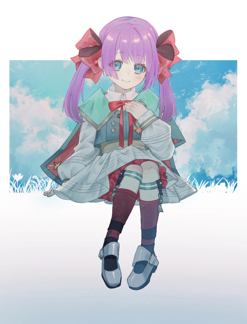1girl aqua_eyes bangs blush bow bowtie carcano_m91/38_(girls'_frontline) closed_mouth commentary dress eyebrows_visible_through_hair full_body girls_frontline hair_ribbon highres long_hair looking_at_viewer neck_ribbon purple_hair rabb_horn red_bow red_bowtie red_ribbon ribbon shoes silver_footwear simple_background sitting smile socks solo twintails white_dress younger