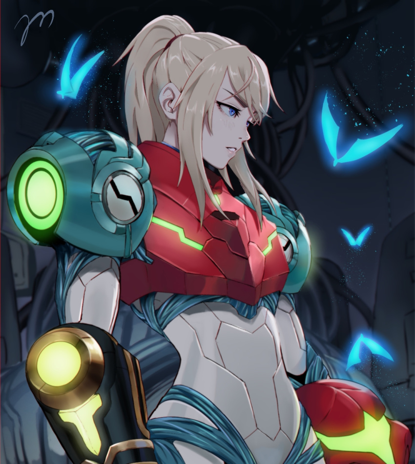 1girl arm_cannon bangs blonde_hair blue_eyes eyelashes headwear_removed helmet helmet_removed highres holding holding_helmet long_hair looking_to_the_side metroid metroid_dread parted_lips ponytail power_suit power_suit_(metroid) samus_aran signature solo spookyjamil upper_body visor weapon