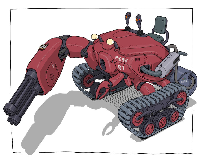 barrel caterpillar_tracks controller crab gatling_gun gatling_santouhei ground_vehicle highres joystick mecha military military_vehicle motor_vehicle no_humans original science_fiction tank vehicle_focus white_background