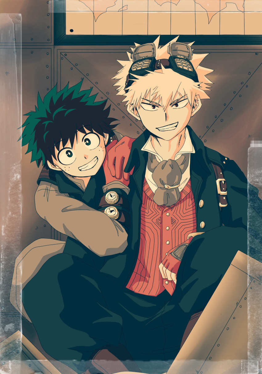 2boys bakugou_katsuki blonde_hair boku_no_hero_academia eyebrows_visible_through_hair fingerless_gloves freckles gloves goggles goggles_on_head green_hair grin hand_on_another's_shoulder highres looking_at_viewer male_focus midoriya_izuku multiple_boys no_control red_eyes red_gloves sitting smile spiky_hair steampunk tape watch watch
