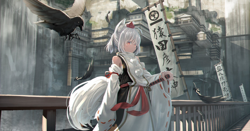 1girl absurdres animal_ears bangs bird city detached_hair feathers flag hat highres holding holding_sword holding_weapon inubashiri_momiji looking_at_viewer outdoors pom_pom_(clothes) red_eyes red_headwear ribbon-trimmed_sleeves ribbon_trim ryosios shirt short_hair standing sword tail tokin_hat touhou water waterfall weapon white_hair white_shirt wide_sleeves wolf_ears wolf_tail
