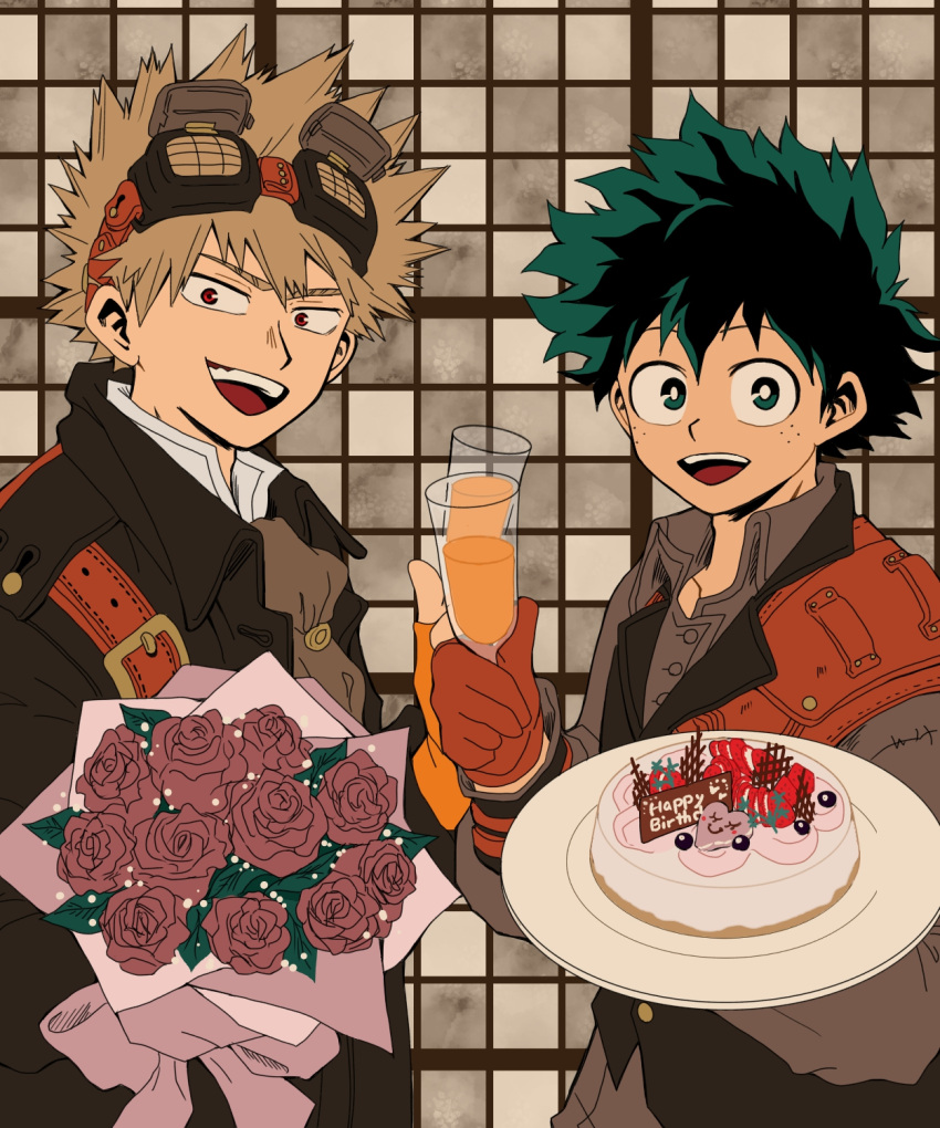 2boys bakugou_katsuki blonde_hair boku_no_hero_academia bouquet cake champagne_flute cup drinking_glass fingerless_gloves flower food freckles gloves goggles goggles_on_head green_hair happy_birthday highres holding holding_bouquet holding_cup holding_plate looking_at_viewer midoriya_izuku multiple_boys necktie no_control open_mouth orange_gloves plate red_eyes red_gloves rose smile spiky_hair tile_background