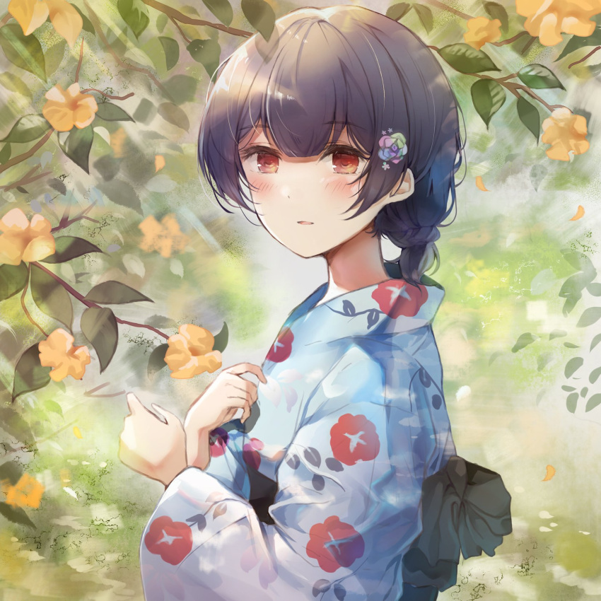 1girl black_hair blush branch eyebrows_visible_through_hair flower highres idolmaster idolmaster_shiny_colors japanese_clothes kimono looking_at_viewer morino_rinze namamake open_mouth outdoors red_eyes short_ponytail sidelocks solo tied_hair upper_body