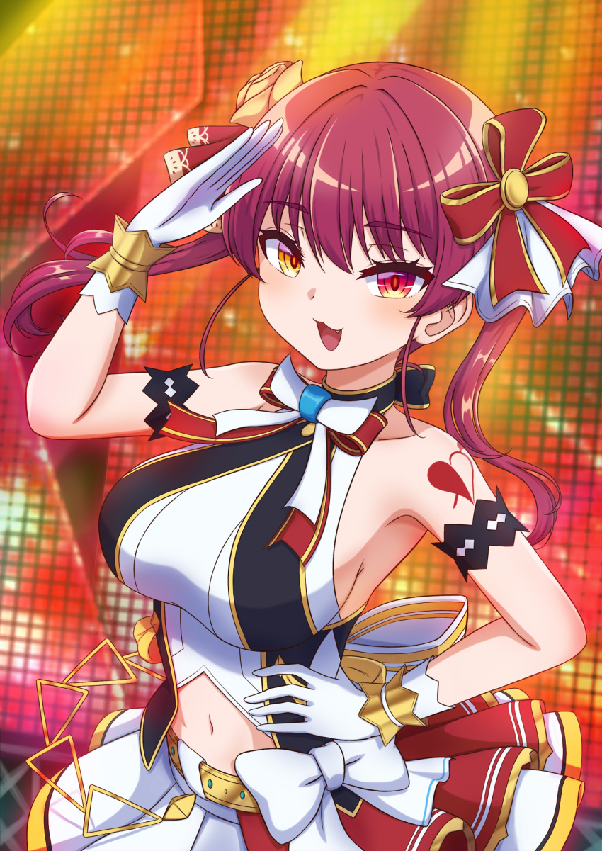 1girl bow breasts brown_eyes clothing_cutout english_commentary gloves hachiman_tanuki hair_ribbon halter_top halterneck hand_on_hip heterochromia highres hololive hololive_idol_uniform houshou_marine idol_clothes looking_at_viewer medium_breasts navel navel_cutout official_alternate_costume red_eyes red_ribbon ribbon salute skirt smile solo twintails virtual_youtuber white_bow white_gloves white_skirt