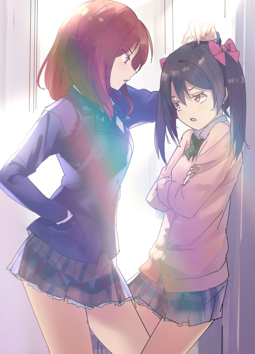 2girls annoyed blue_bow bow breasts bunbun_(midukikome) collared_shirt crossed_arms eyebrows_visible_through_hair green_bow hand_on_another's_head highres love_live! love_live!_school_idol_project medium_hair multiple_girls nishikino_maki open_mouth purple_skirt red_eyes redhead school_uniform shirt skirt small_breasts twintails white_shirt yazawa_nico yellow_eyes