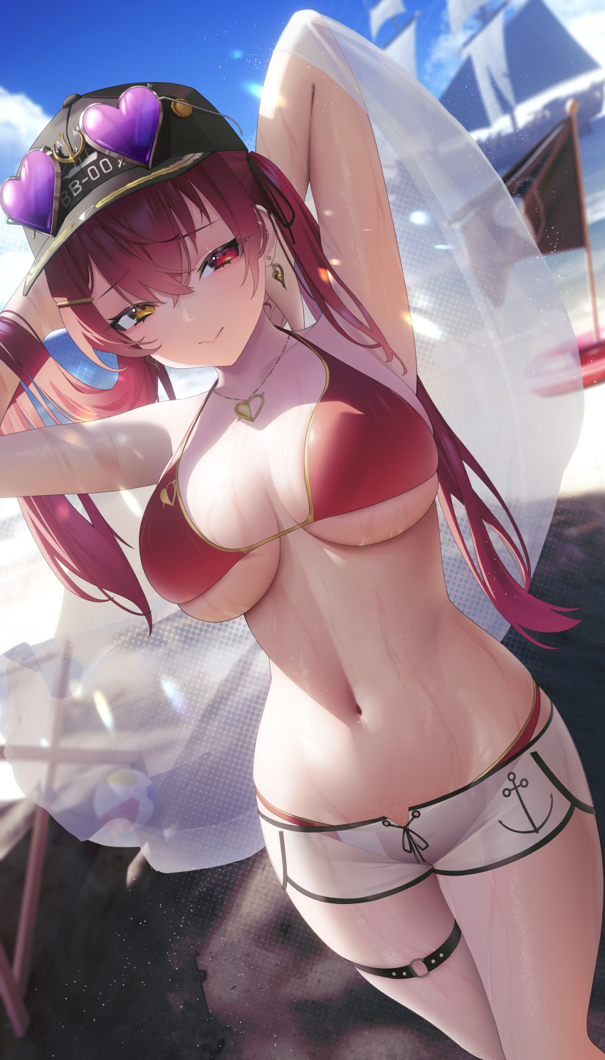 1girl absurdres armpits arms_up aya_(lezon) beach bikini bikini_under_clothes breasts cleavage_cutout clothing_cutout ear_piercing eyewear_on_head grabbing hat highres hololive houshou_marine jewelry large_breasts multicolored_eyes navel necklace piercing pirate_ship red_bikini red_eyes shorts smile solo_focus sunglasses swimsuit thigh_strap thighs yellow_eyes