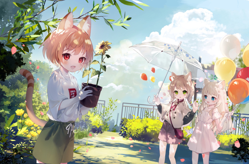 3girls amafuyu animal_ear_fluff animal_ears arms_up bag balloon black_shirt blonde_hair blue_eyes braid brown_hair brown_shorts cat_ears cat_girl cat_tail child clouds collar dress flower green_eyes handbag highres long_hair low_twintails multiple_girls open_mouth original outdoors petals plant poncho potted_plant red_eyes shirt short_hair shorts sky smile sundress sunflower tail twin_braids twintails umbrella white_dress white_shirt